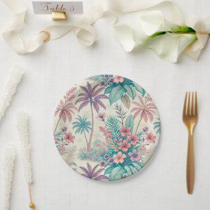 Plato De Papel Vintage Retro Tropical Palm Tree & Floral Garden
