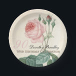 Plato De Papel Vintage Rosa botánico 90th Birthday Party PP<br><div class="desc">Placa de papel para la celebración del cumpleaños 90 del personalizable con acuarelas botánicas vintage de un rosa de Pierre-Joseph Redouté. Puede cambiar fácilmente el color del texto, el tipo de letra, el tamaño y la posición haciendo clic en el botón personalizar. servilleta de papel, taza de papel, invitación, libro...</div>
