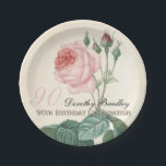 Plato De Papel Vintage Rosa botánico 90th Birthday Party PP<br><div class="desc">Placa de papel para la celebración del cumpleaños 90 del personalizable con acuarelas botánicas vintage de un rosa de Pierre-Joseph Redouté. Puede cambiar fácilmente el color del texto, el tipo de letra, el tamaño y la posición haciendo clic en el botón personalizar. servilleta de papel, taza de papel, invitación, libro...</div>