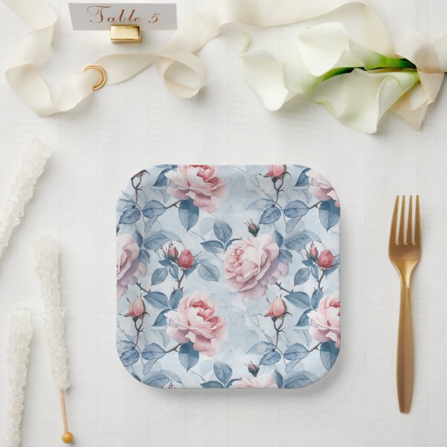 Plato De Papel Vintage, Rosas acuarelas (Boda)