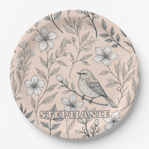 Plato De Papel Vintage Sakura Cerezo Blossom y Ave Estética 3