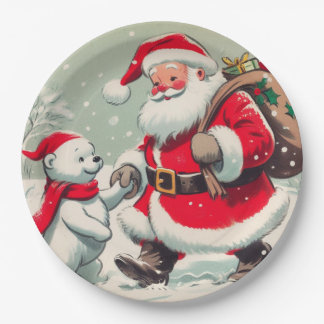 Plato De Papel Vintage Santa and Bear Christmas Paper Plates