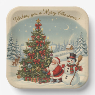 Plato De Papel Vintage Santa and Snowman with Christmas Tree 