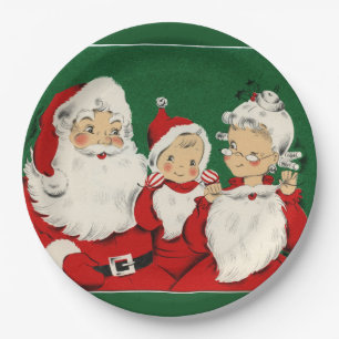 Plato De Papel Vintage Santa Family Navidad Dinner