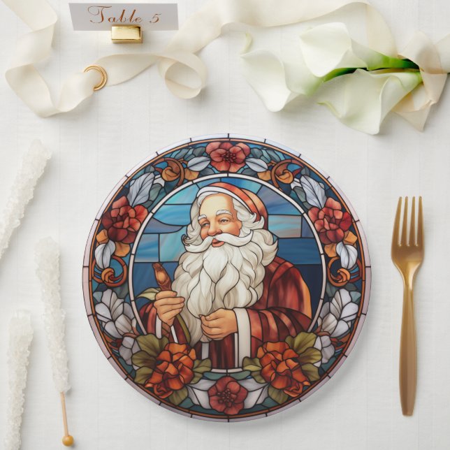 Plato De Papel Vintage Santa Faux StainGlass Holiday (Boda)