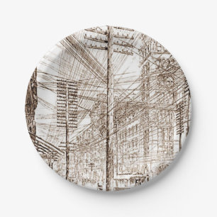 Plato De Papel Vintage Sepia Etching Utility Lines 7 pulgadas Pap