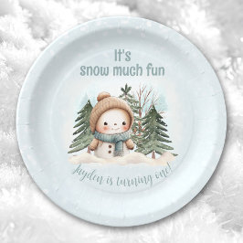 Plato De Papel Vintage Snowman Blue Winter First Birday