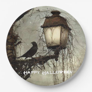 Plato De Papel Vintage Spooky Raven en Lantern Halloween