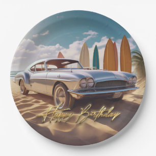 Plato De Papel Vintage Sports Car tropical beach Feliz cumpleaños