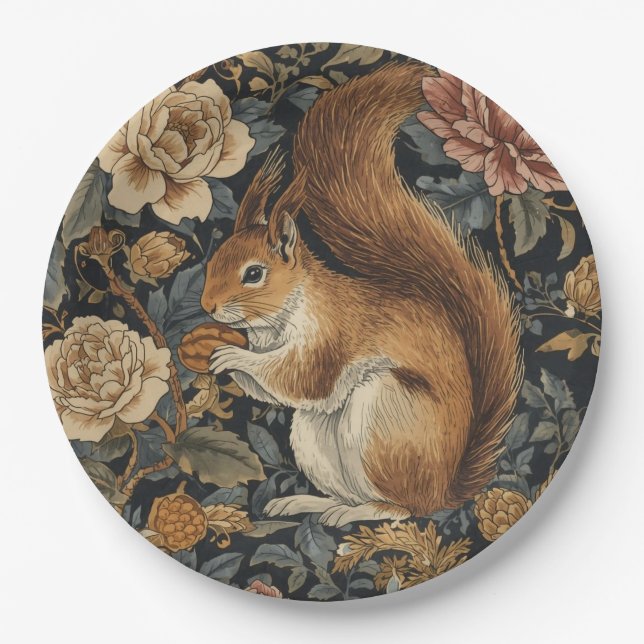Plato De Papel Vintage Squirrel and Flowers Pattern (Anverso)