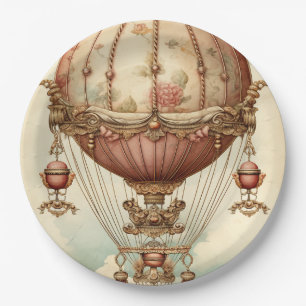 Plato De Papel Vintage Steampunk Pink Hot Air Balloon