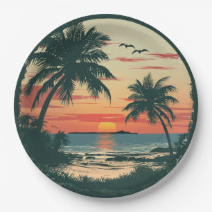 Plato De Papel Vintage Sunset Beach Fiesta Tropical