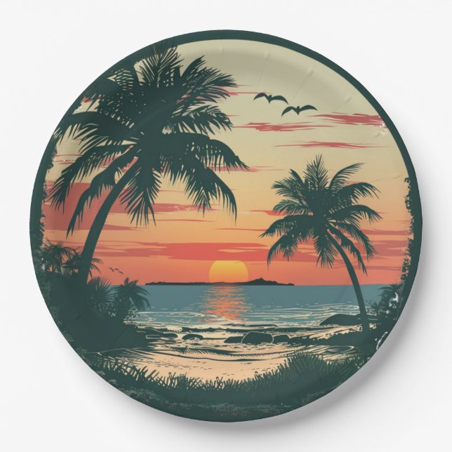 Plato De Papel Vintage Sunset Beach Fiesta Tropical (Anverso)