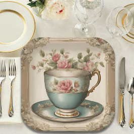 Plato De Papel Vintage Tea Cup Floral Bridal Shower Tea Fiesta