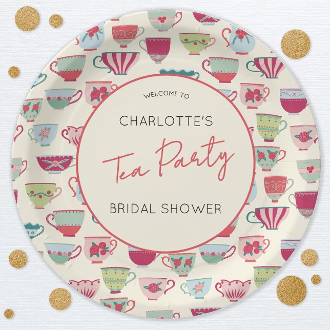 Plato De Papel Vintage Tea Party Bridal Shower (Modern vintage teacup pattern personalized bridal shower tea party paper plates)