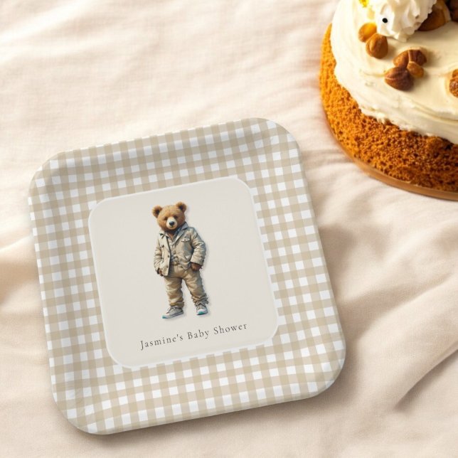 Plato De Papel Vintage Teddy Baby Shower (cute vintage teddy baby shower paper plate in a nutural color pallet)