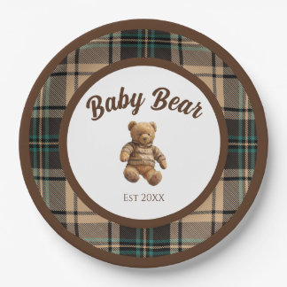 Plato De Papel Vintage Teddy Bear Plaid Baby Shower Plates