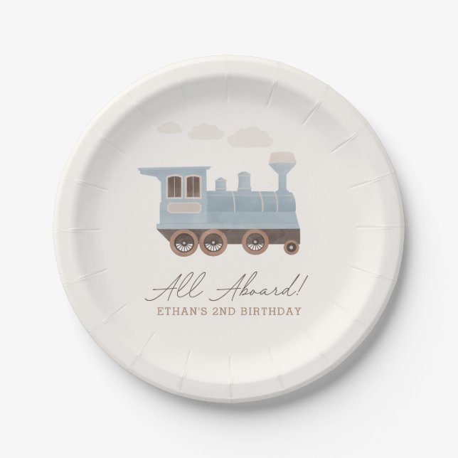 Plato De Papel Vintage Train Transportation Cumpleaños (Anverso)