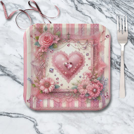 Plato De Papel Vintage Valentine Floral Heart