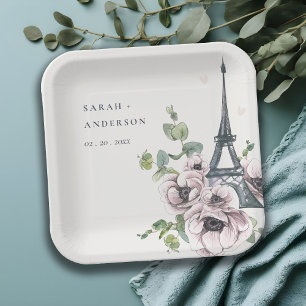 Plato De Papel Vintage Watercolor Eiffel Tower Boda Floral