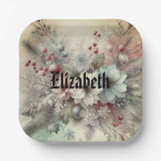 Plato De Papel Vintage Watercolor Navidades Floral y Ornamentos