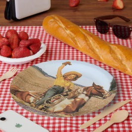Plato De Papel Vintage Western Cowgirl Sobre La Onda De Caballos