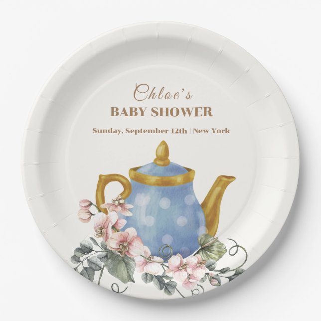 Plato De Papel Vintage Wildflower Teapot Baby Shower (Anverso)