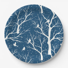 Plato De Papel Vintage Winter Sky White Birds Snowflakes