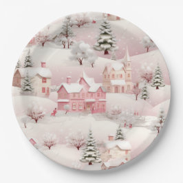 Plato De Papel Vintage Winter Snowy Village Scenery