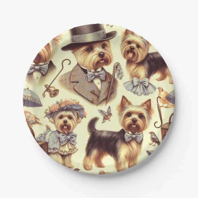 Plato De Papel Vintage Yorkshire Terrier Seamless (Anverso)