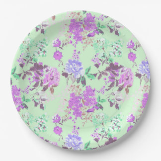 Plato De Papel Vintz Chintz Patrón Floral Mint Púrpura Verde
