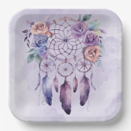 Plato De Papel Violet Dreamcatcher y Flowers Chica Baby Shower