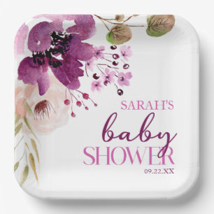 Plato De Papel Violet Magenta Purple Floral Baby Shower