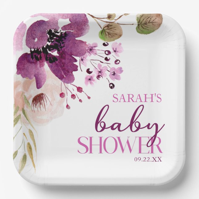 Plato De Papel Violet Magenta Purple Floral Baby Shower (Anverso)