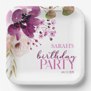Plato De Papel Violet Magenta Purple Floral Birday Party