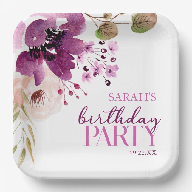 Plato De Papel Violet Magenta Purple Floral Birday Party (Anverso)