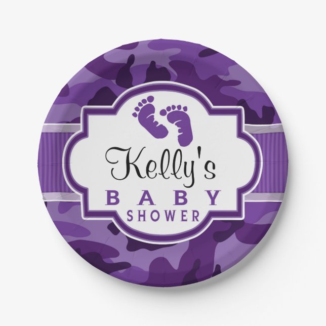 Plato De Papel Violet Purple Camo, Camouflage Baby Shower (Anverso)