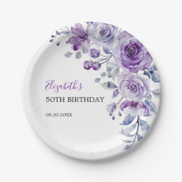 Plato De Papel Violet Rosa Greenery Floral Cumpleaños