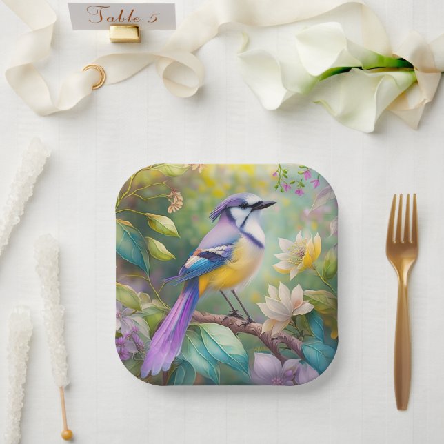 Plato De Papel Violet Tufted Jay Fantasy Bird (Boda)
