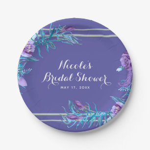 Plato De Papel Violeta Ultra Morado y Aquamarina Floral Chic