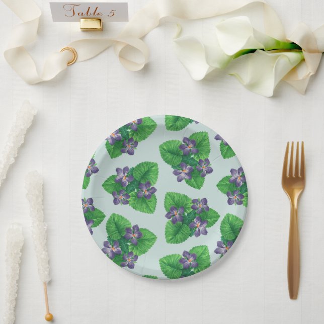 Plato De Papel Violetas en azul de vidrio marino (Boda)