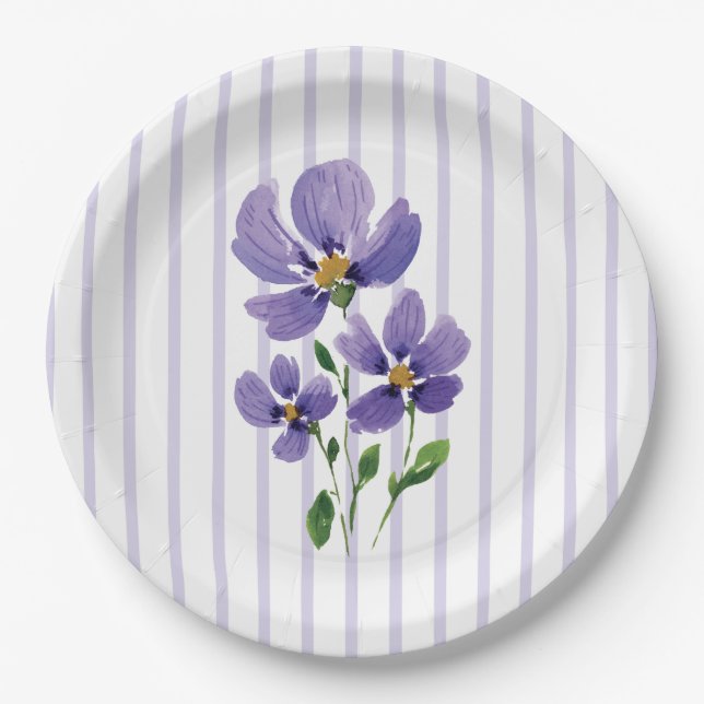 Plato De Papel violetas pintadas con acuarela con rayas (Anverso)