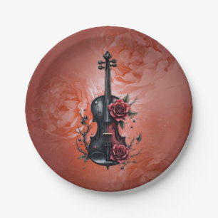 Plato De Papel Violín negro gótico con rosas rojas