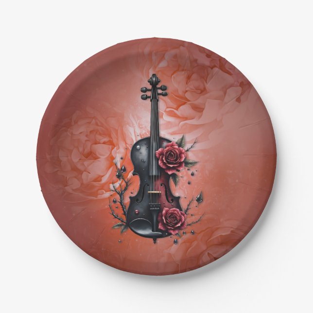 Plato De Papel Violín negro gótico con rosas rojas (Anverso)