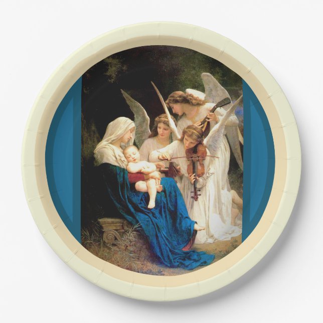 Plato De Papel Virgen María, Niño Jesús, con ángeles (Anverso)