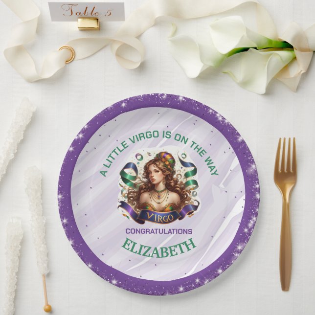 Plato De Papel Virgo Zodiac Baby Shower Lavender and Green (Boda)