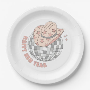 Plato De Papel Víspera de Año Nuevo 2023 Vaquero Disco Retro