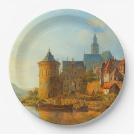 Plato De Papel Vista de un pueblo holandés a lo largo del río Rin