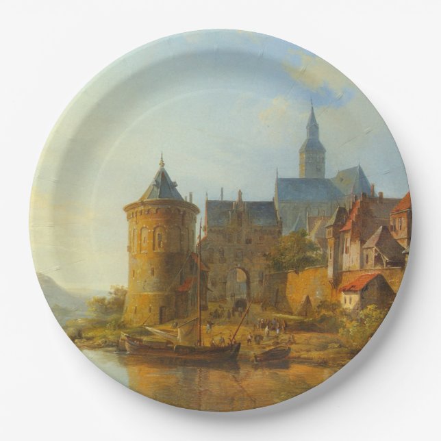Plato De Papel Vista de un pueblo holandés a lo largo del río Rin (Anverso)