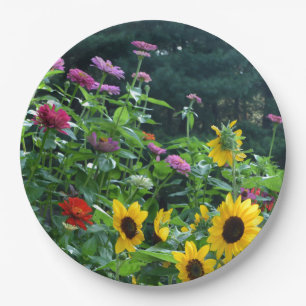 Plato De Papel Vista del jardín- girasol, margaritas, cosmos